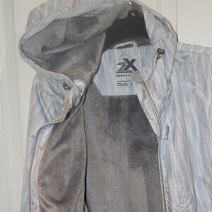 Women's ZeroXposure gray and white hooded, lined rain jacket. Medium, Like new.